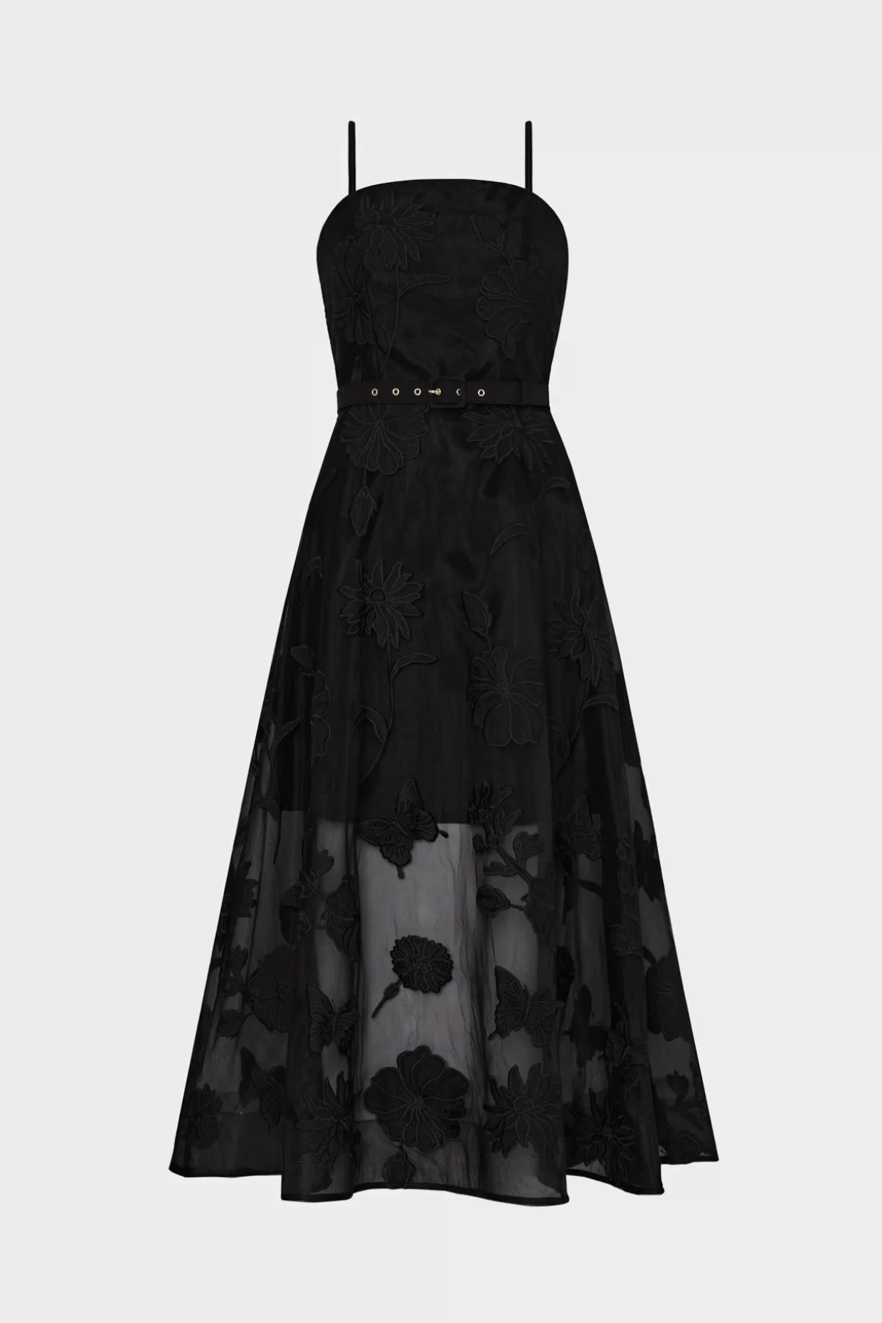 Cocktail Dresses-MILLY 3D Butterfly Embroidery Spaghetti Strap Dress Black