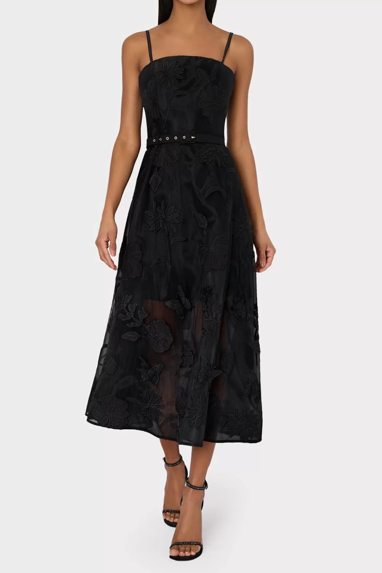 Little Black Dresses-MILLY 3D Butterfly Embroidery Spaghetti Strap Dress Black