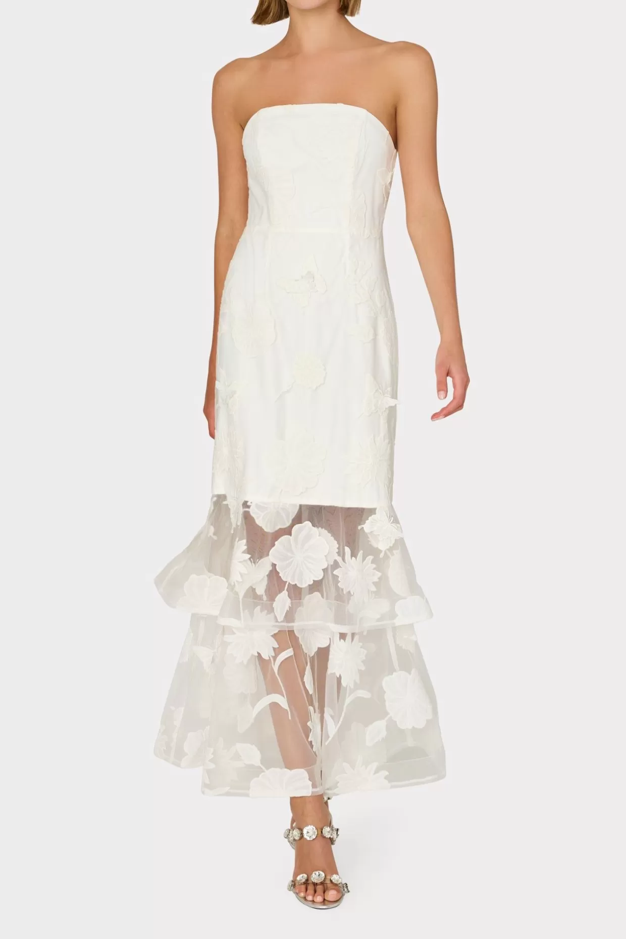 Evening Gowns-MILLY 3D Butterfly Embroidery Strapless Dress White