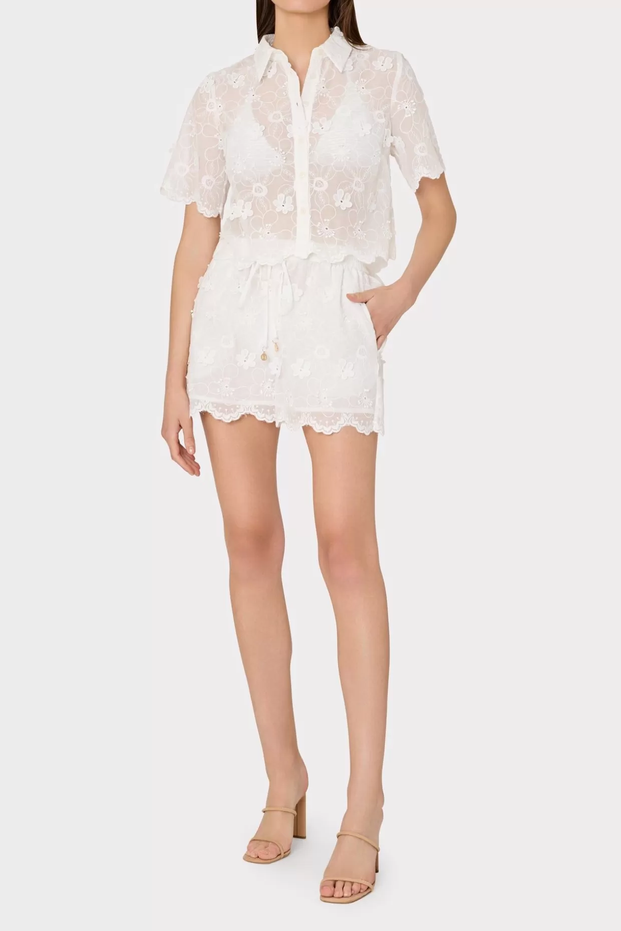 Cover-Ups-MILLY 3D Floral Cotton Eyelet Shorts White