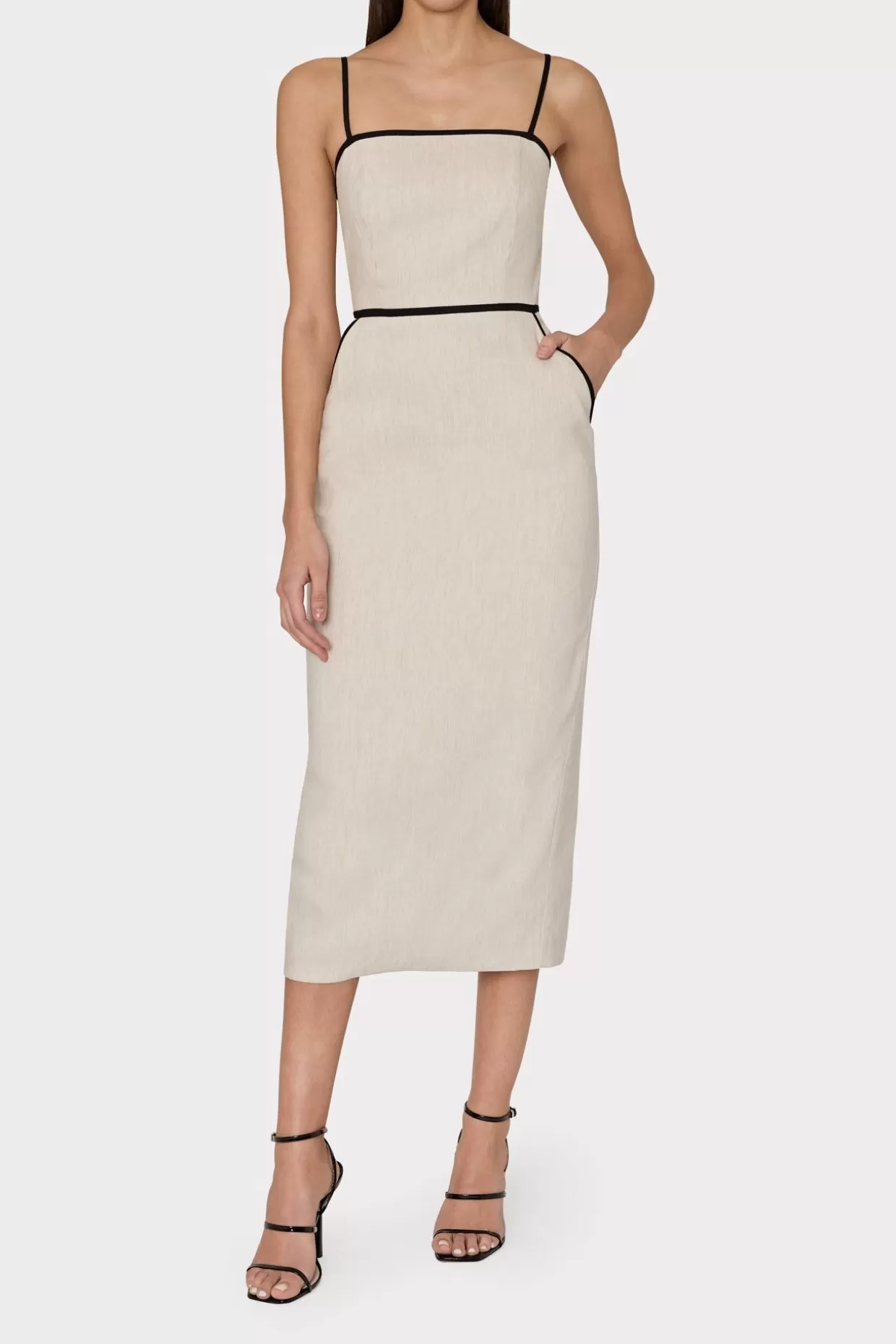 Cocktail Dresses-MILLY Amara Linen Contrast Midi Dress Natural