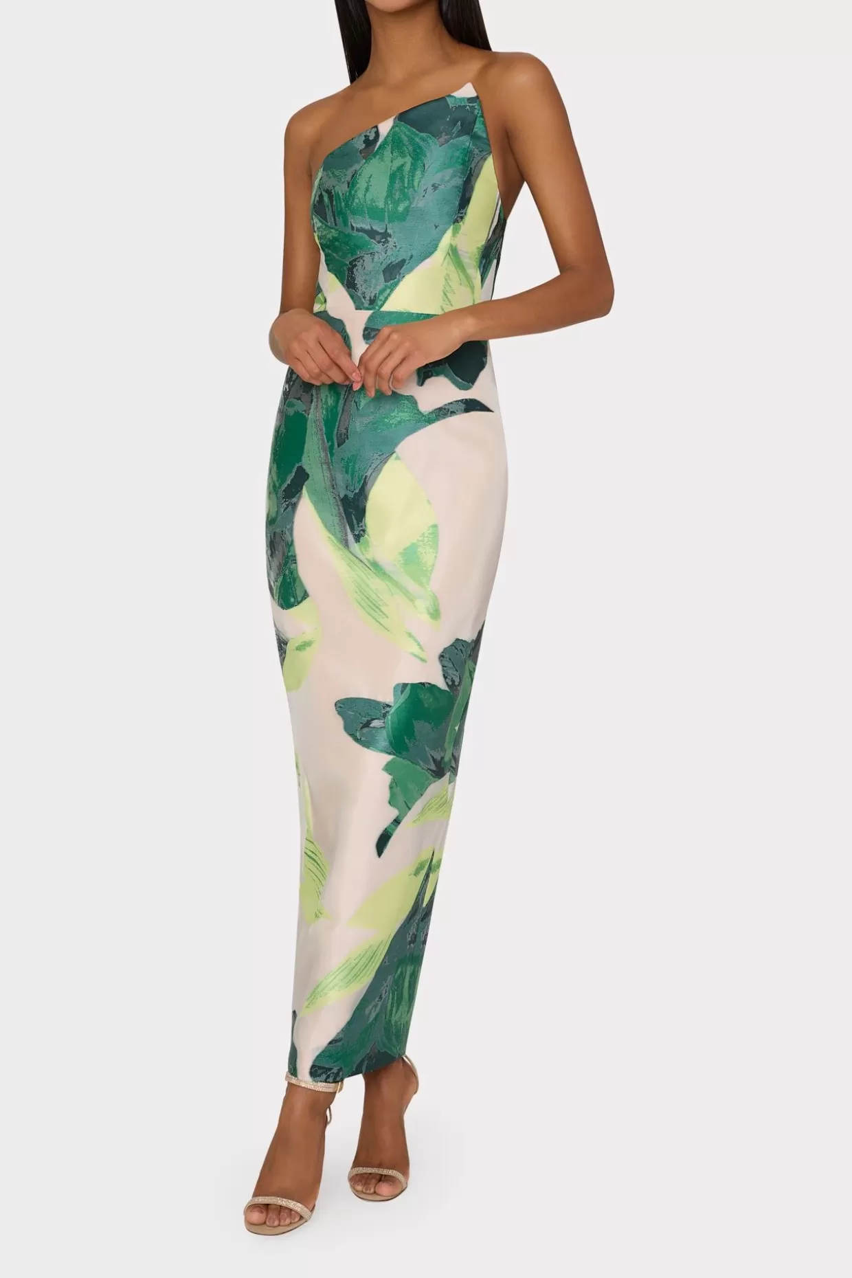 Evening Gowns-MILLY Asymetrical Tropical Forest Jacquard Midi Dress Green Multi