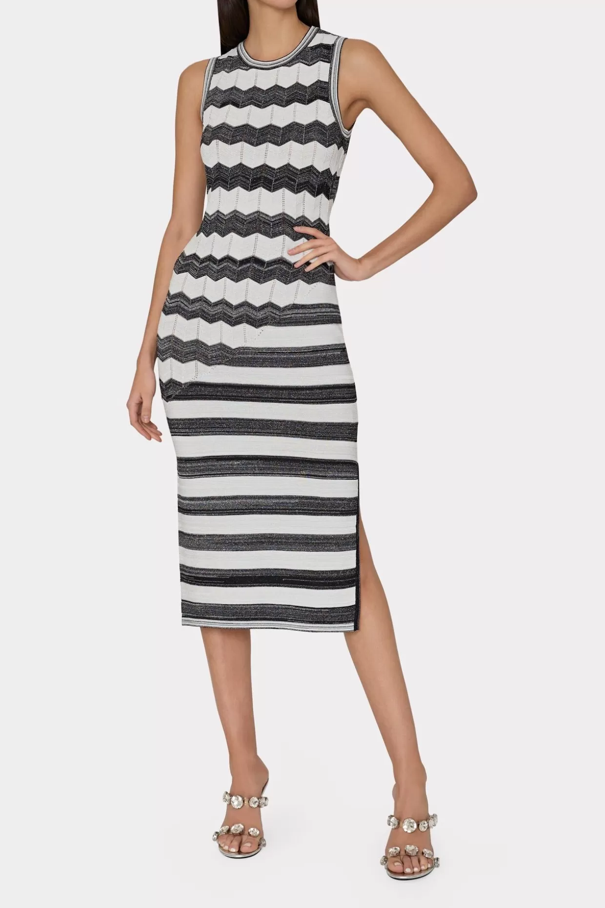 Sundresses-MILLY Asymetrical Zig Zag Midi Dress Black/Ecru