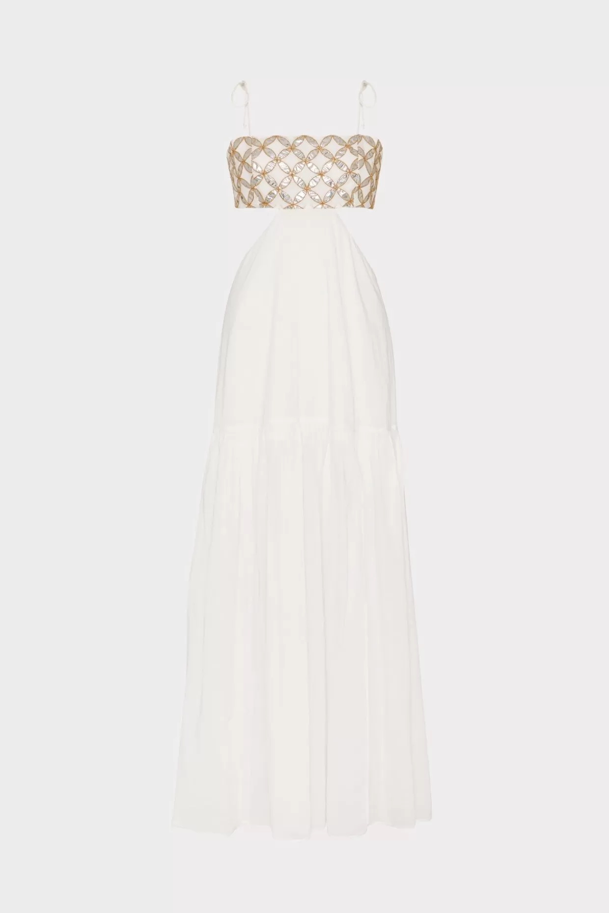 Cover-Ups-MILLY Atalia Mirrored Embroidery Maxi Cover-Up Dress White/Gold