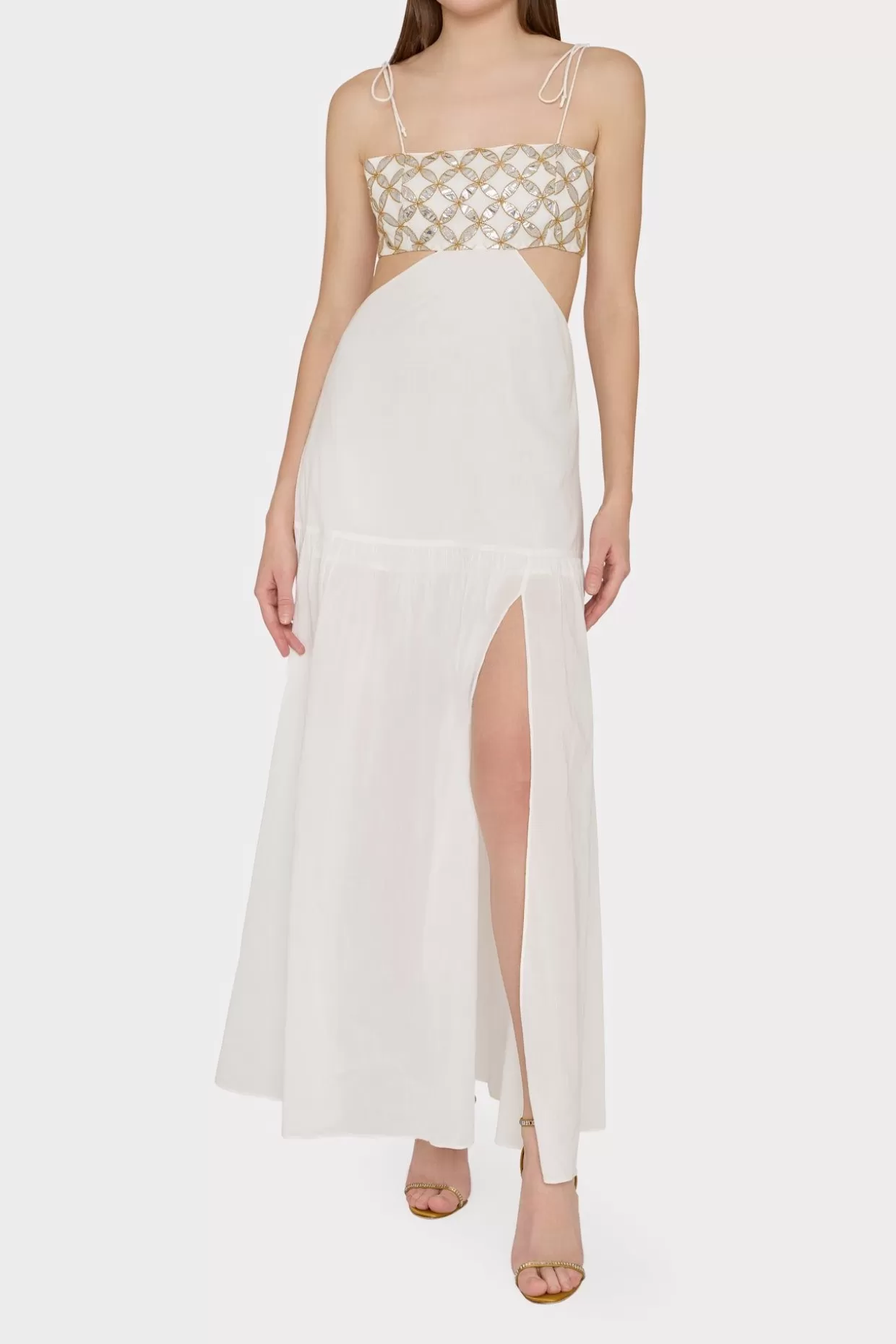 Jumpsuits & Rompers-MILLY Atalia Mirrored Embroidery Maxi Cover-Up Dress White/Gold