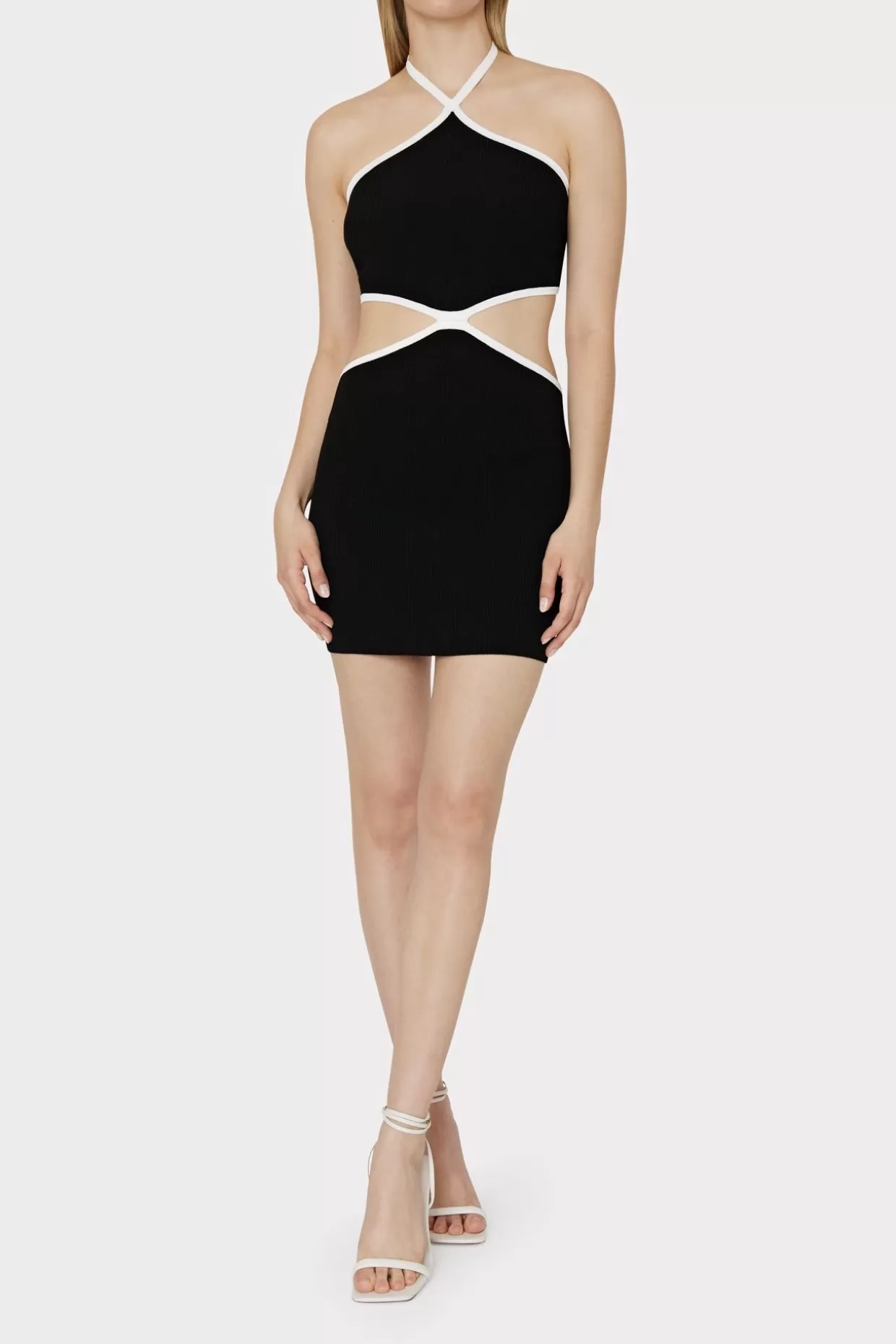 Knit Dresses-MILLY Contrast Trim Halter Mini Dress Black/Ecru