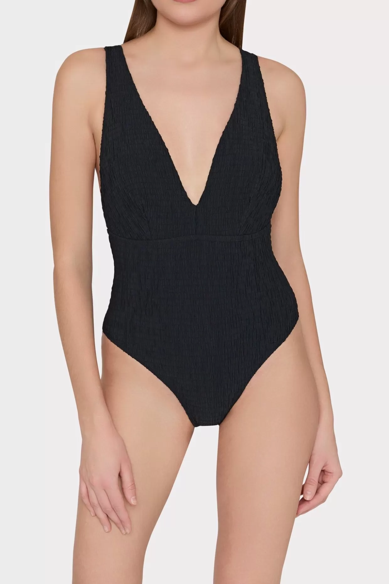 One Piece Swimsuits-MILLY Deep Dive One Piece With Smocking Black