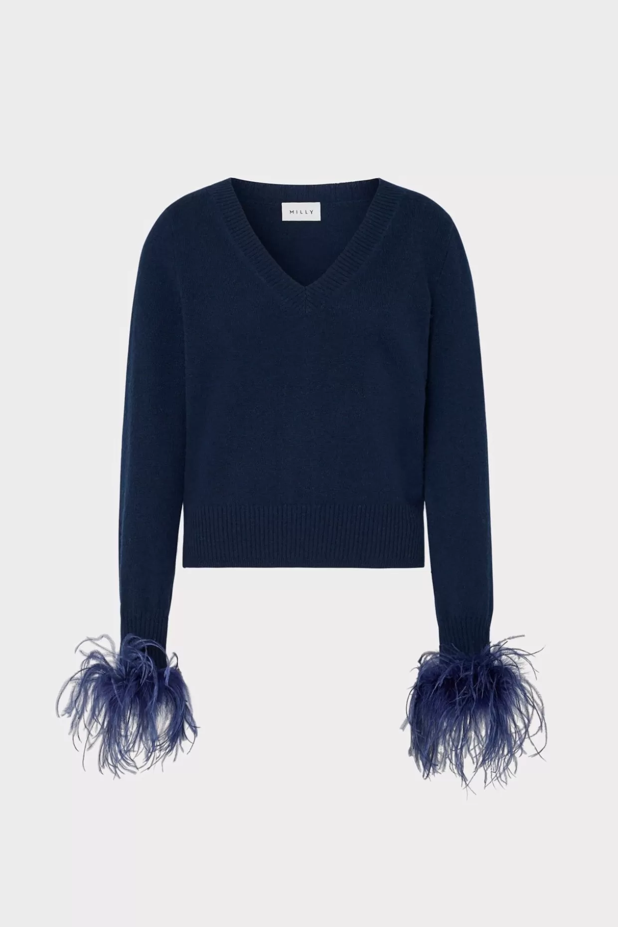 Tops-MILLY Feather Cuff V-Neck Sweater Navy