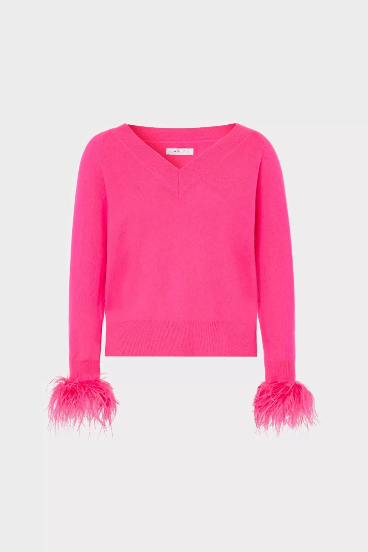 Jumpsuits & Rompers-MILLY Feather Cuff V-Neck Sweater Milly Pink