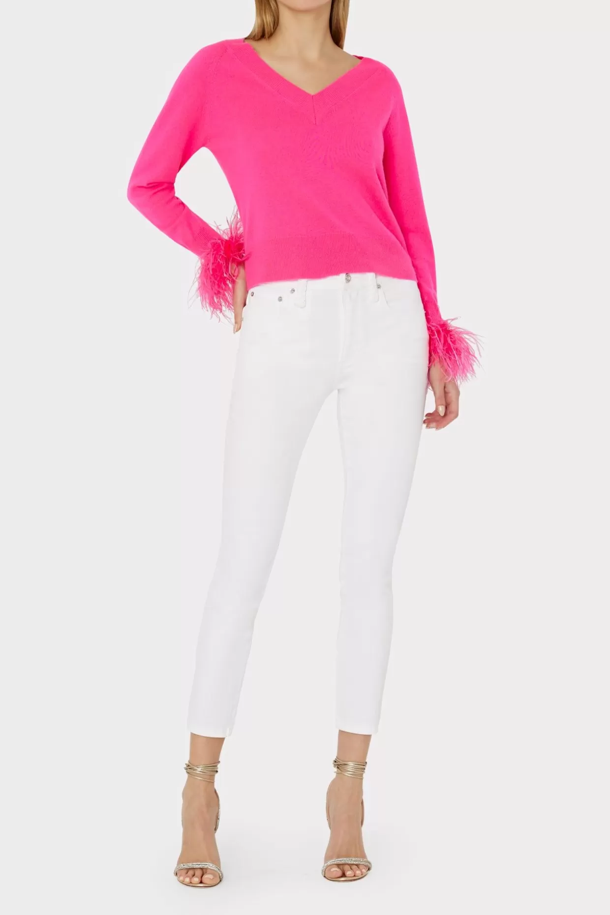 Jumpsuits & Rompers-MILLY Feather Cuff V-Neck Sweater Milly Pink