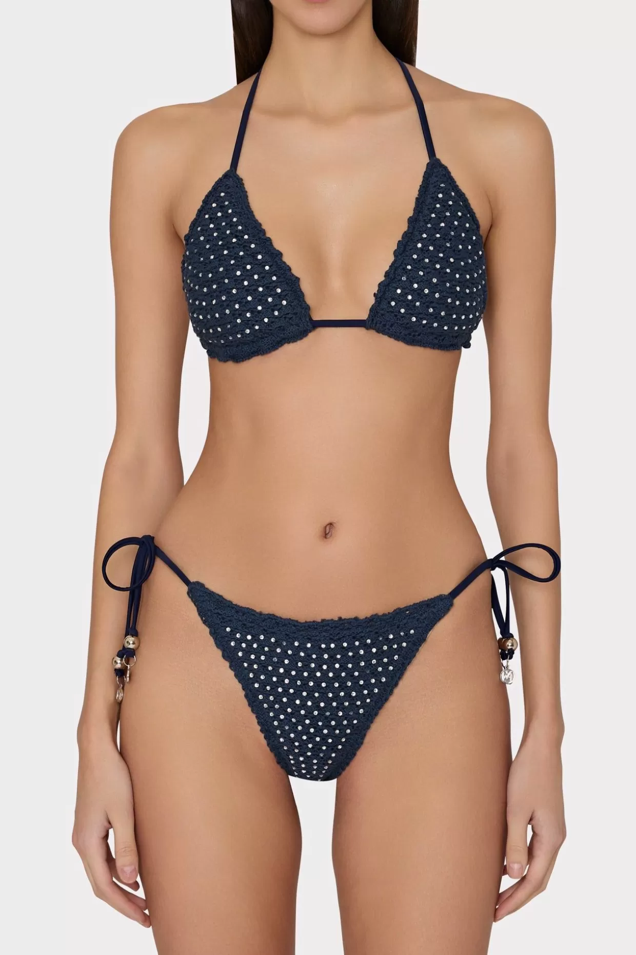 Jumpsuits & Rompers-MILLY Glimmer Crochet Bikini Top With Crystal Applique Navy