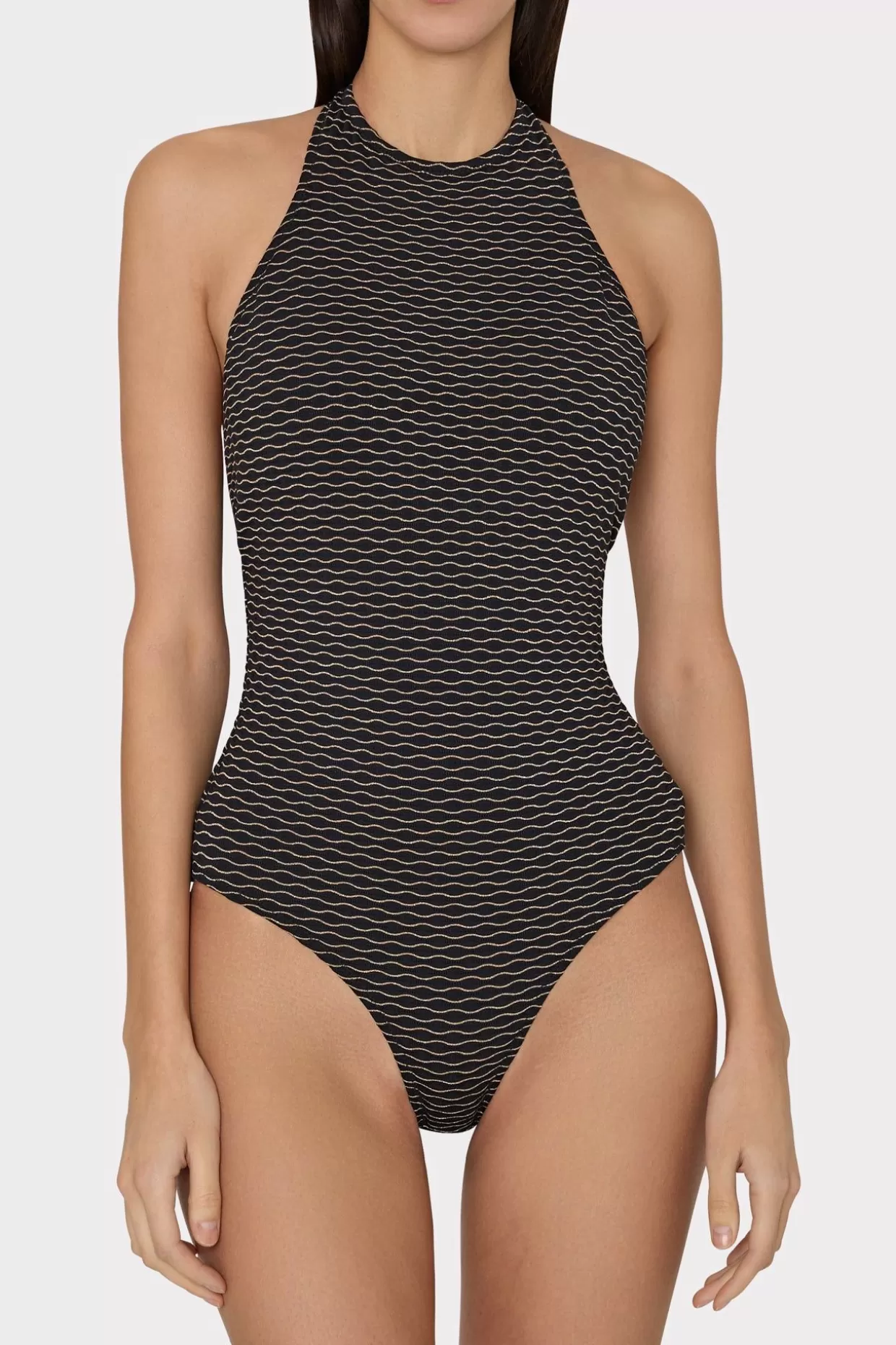 Jumpsuits & Rompers-MILLY Jackie Textured Waves Halter One Piece Black