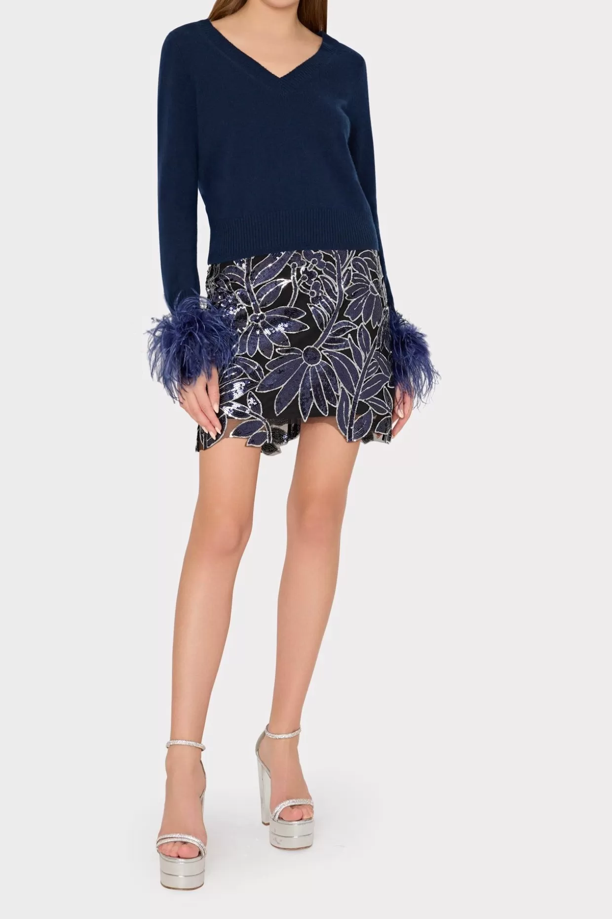 Skirts-MILLY Kristina Floral Sequins Skirt Navy/Silver