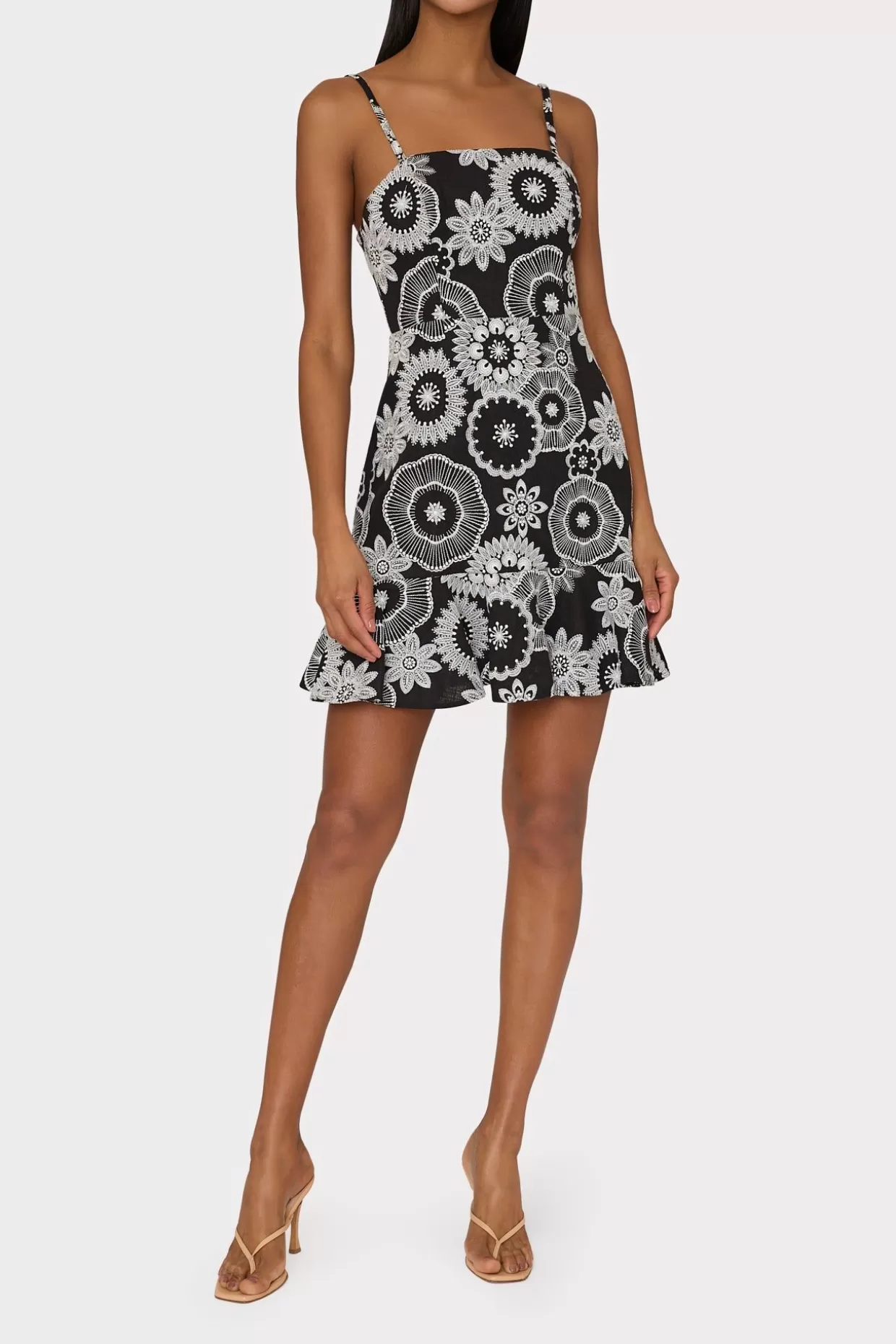 Day Dresses-MILLY Linen Embroidered Dress Black/White