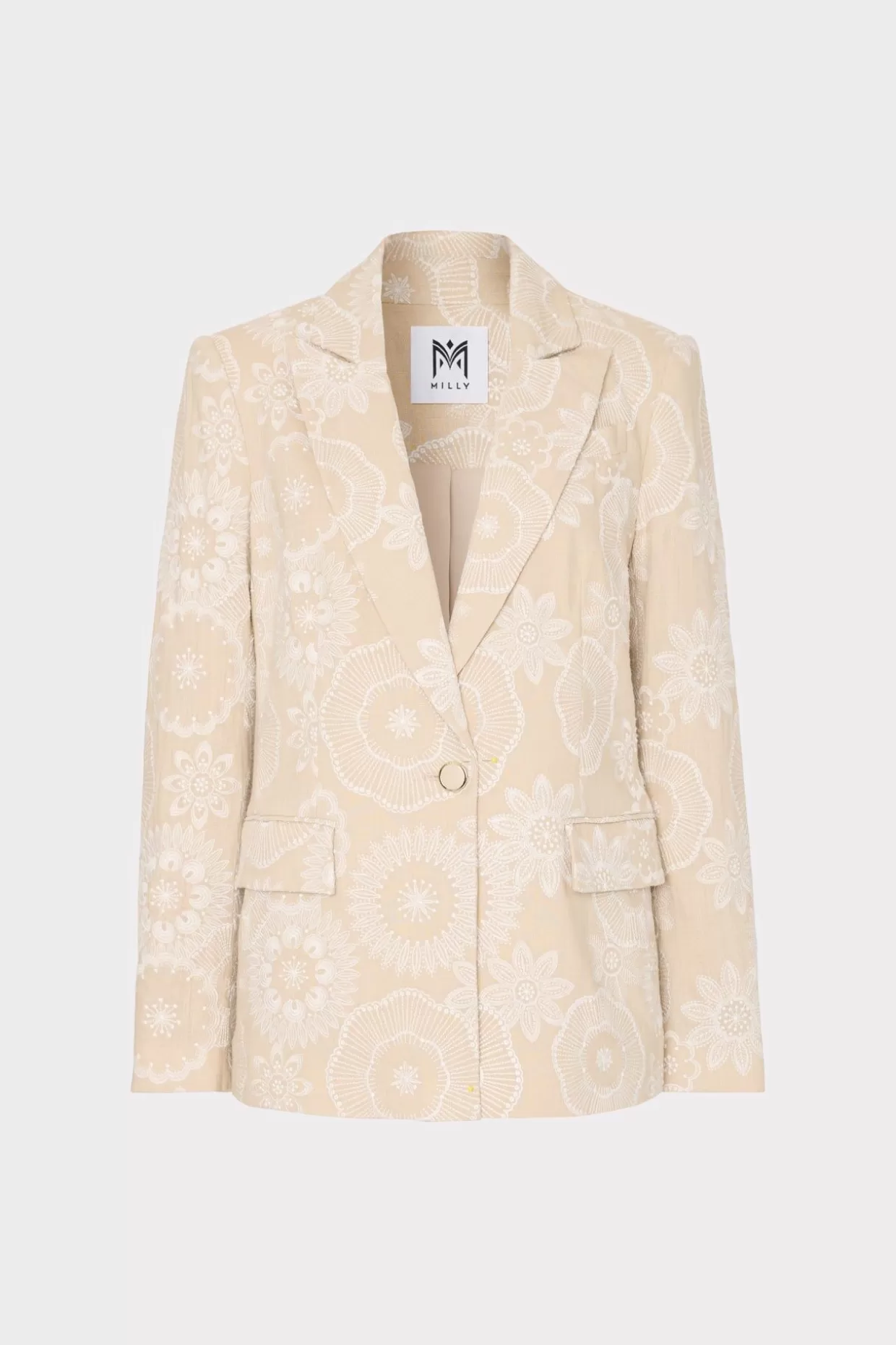 Blazers-MILLY Linen Embroidered Jacket Natural/Ecru