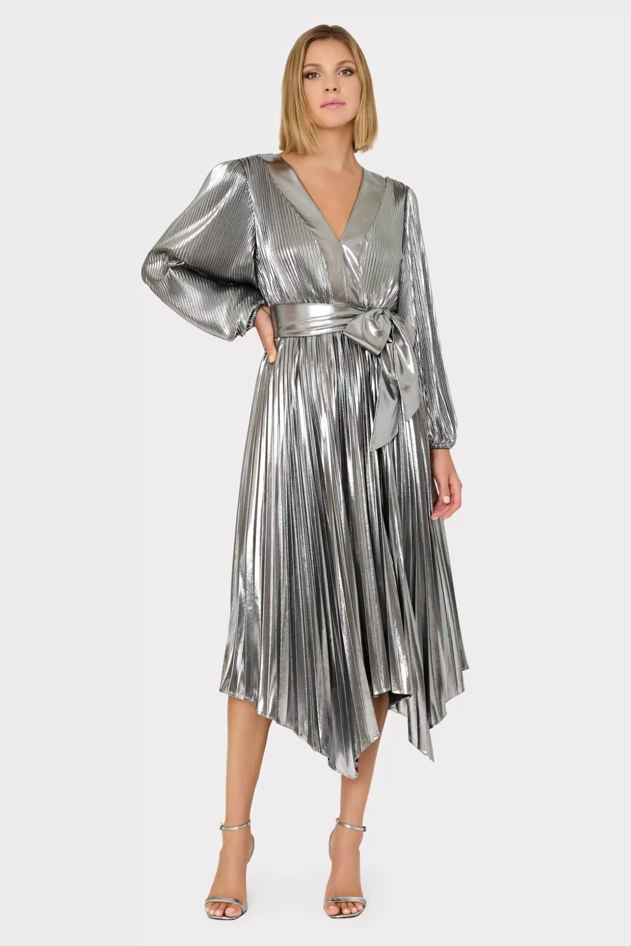 Maxi Dresses-MILLY Liora Pleated Lame Dress Silver