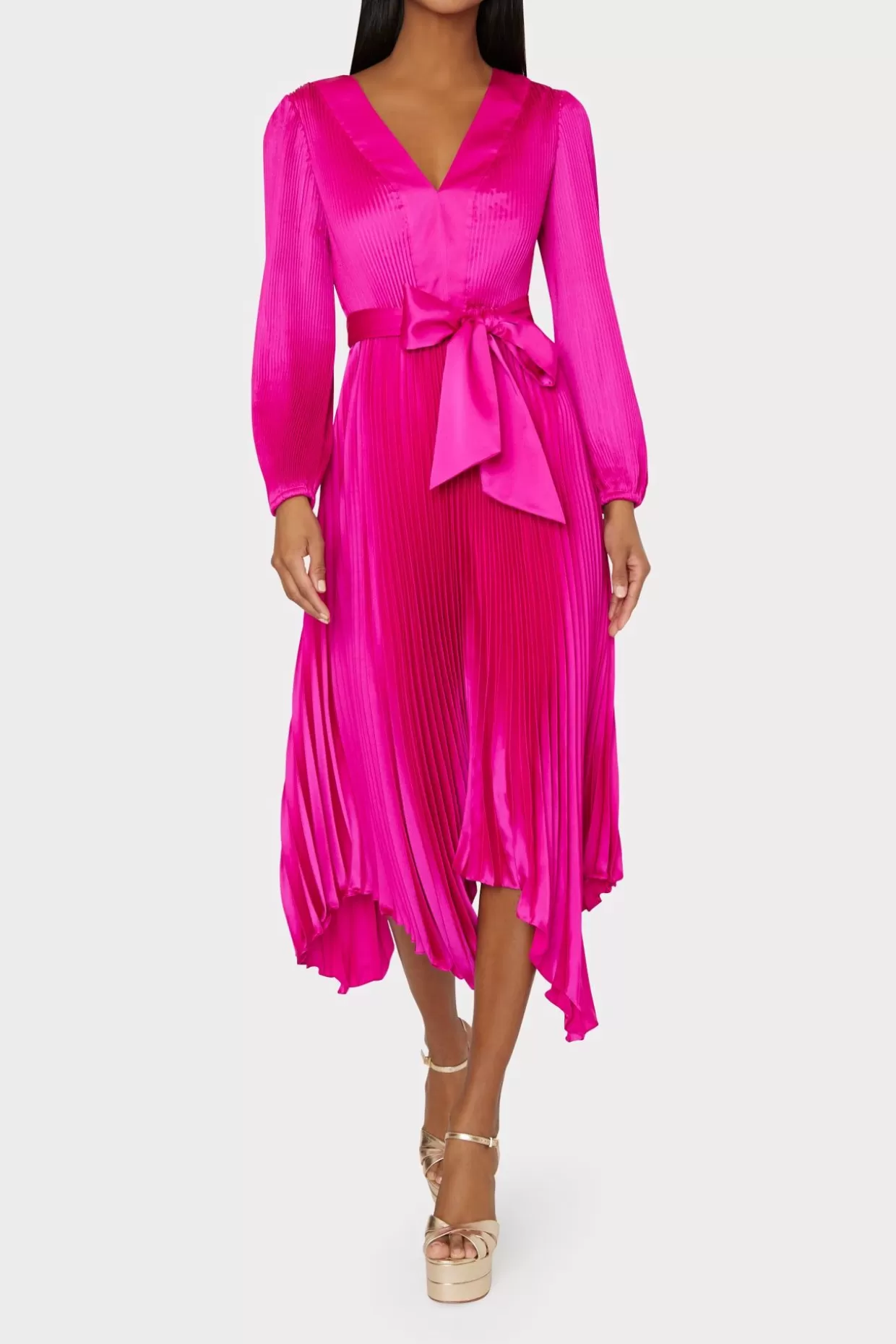 Maxi Dresses-MILLY Liora Satin Pleated Dress Fuchsia