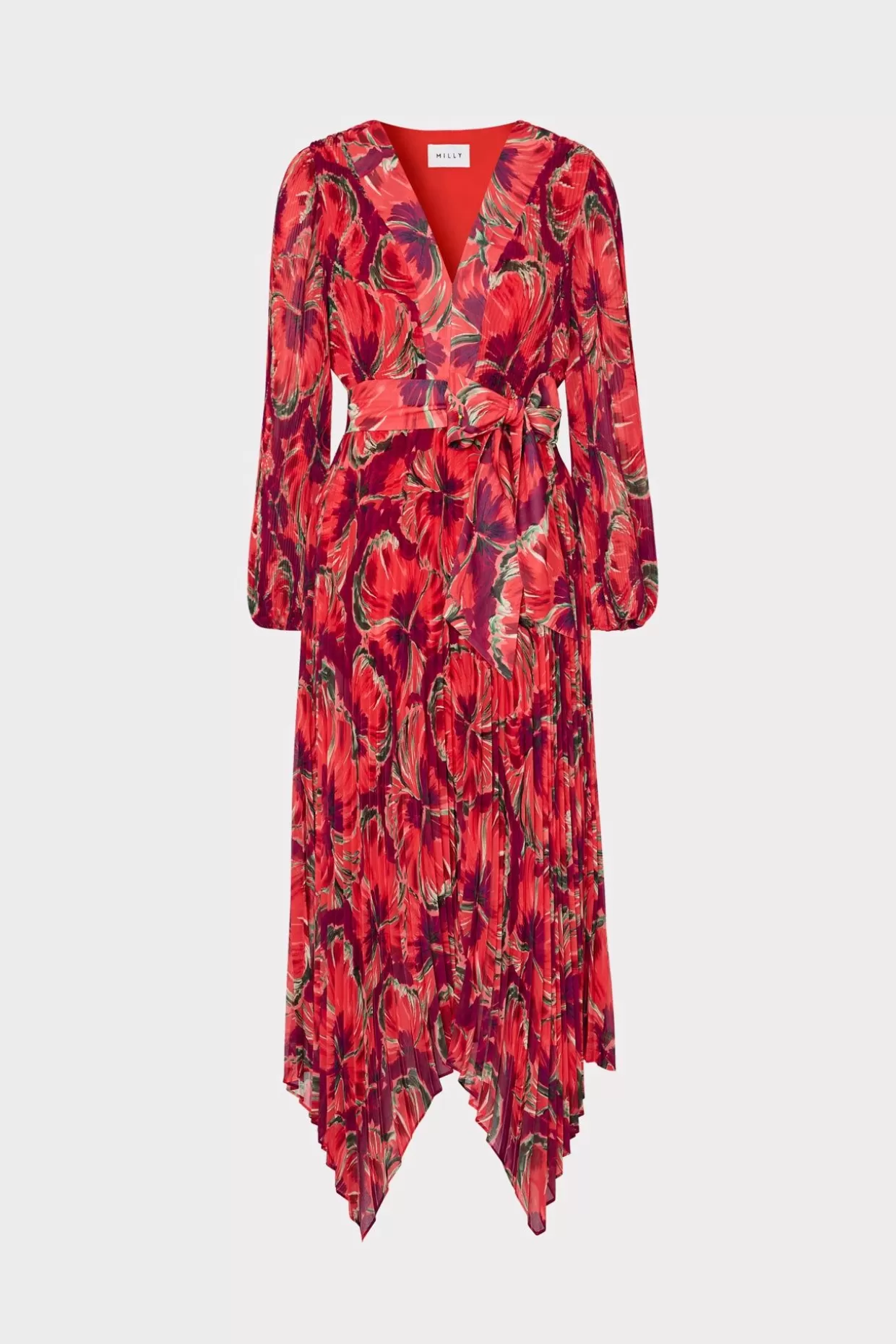 Jumpsuits & Rompers-MILLY Liora Windmill Floral Pleated Dress Red Multi