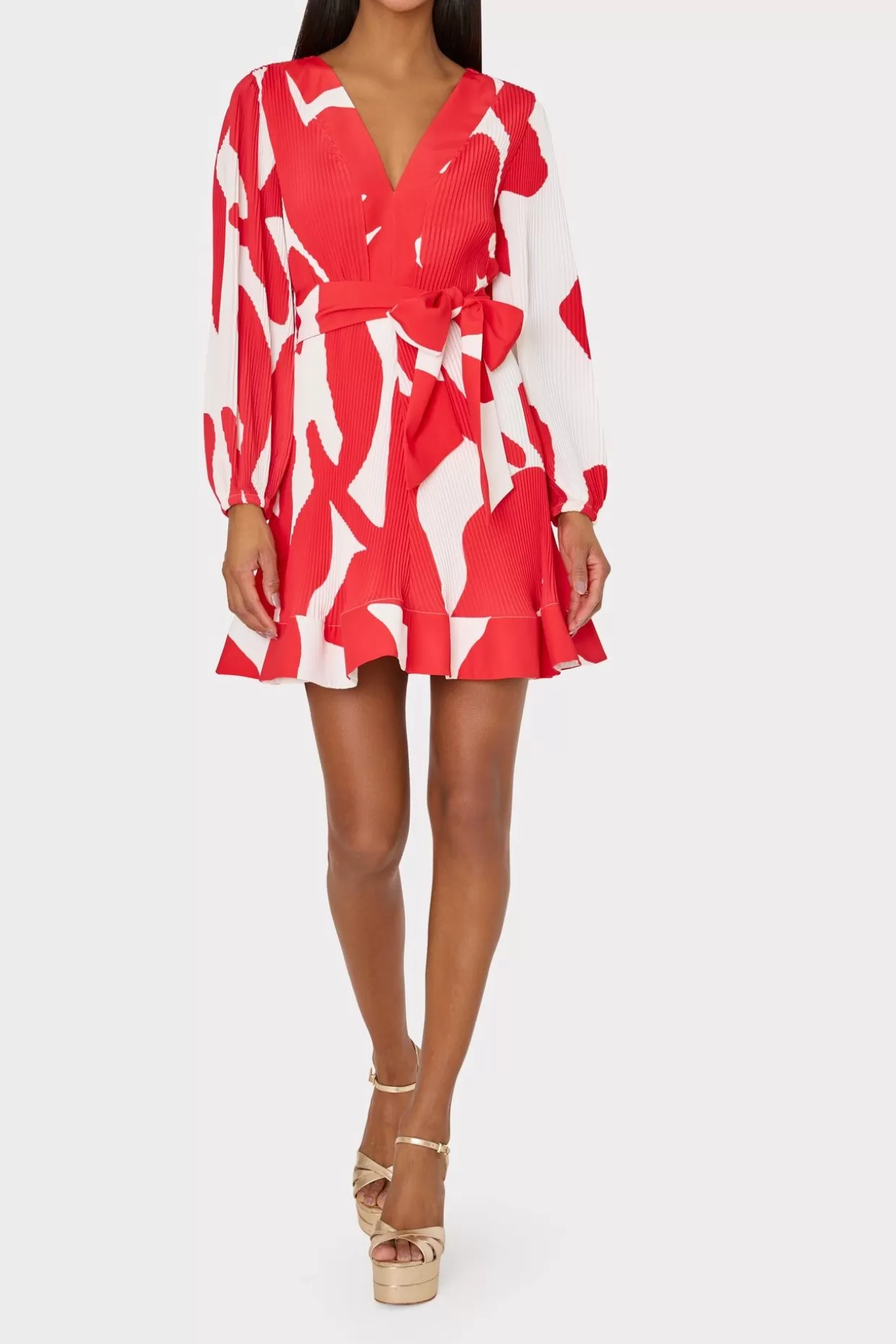 Mini Dresses-MILLY Liv Grand Foliage Pleated Dress Red/White