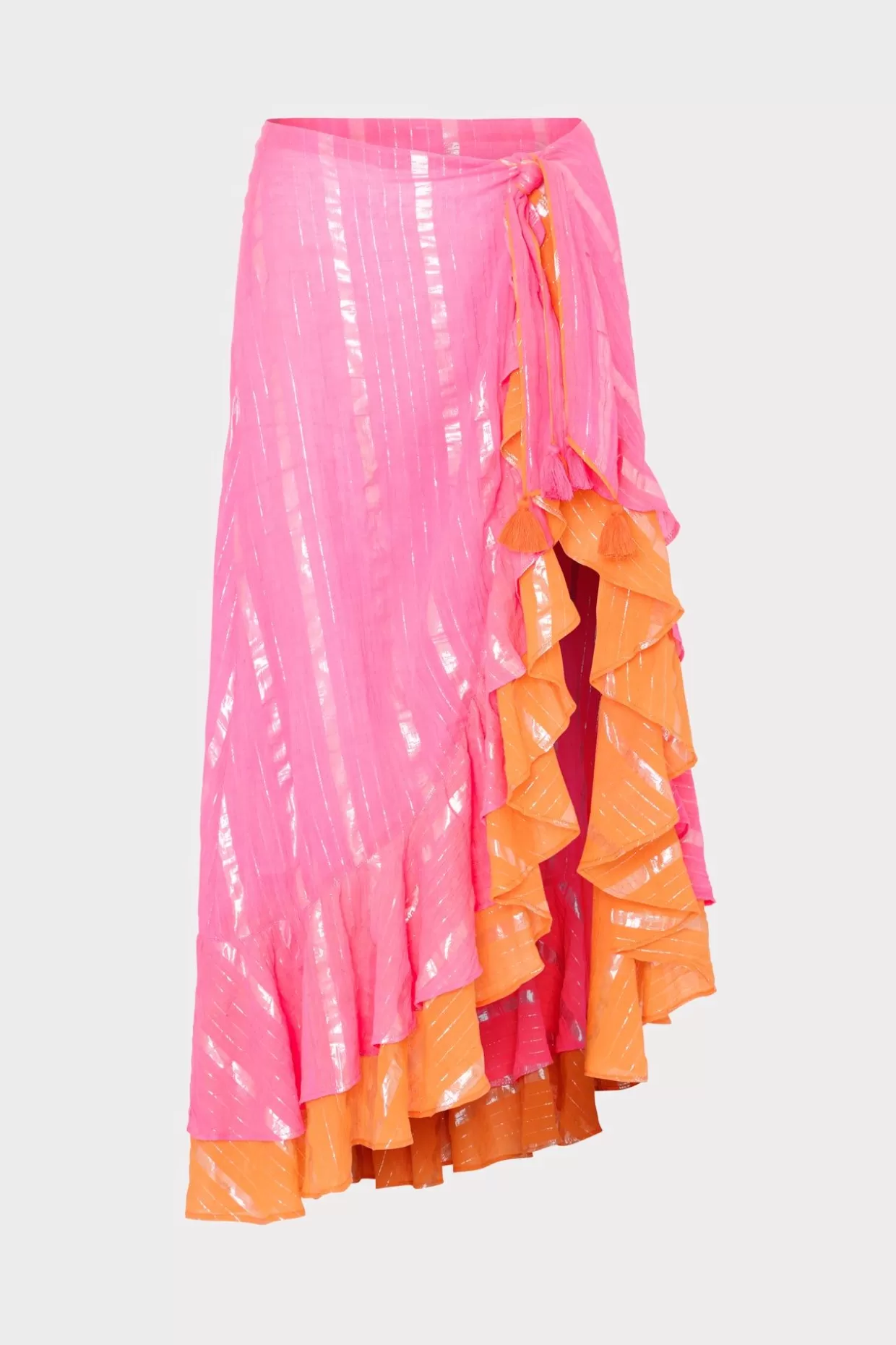 Jumpsuits & Rompers-MILLY Lurex Stripe Ruffle Wrap Skirt Neon Pink/Orange