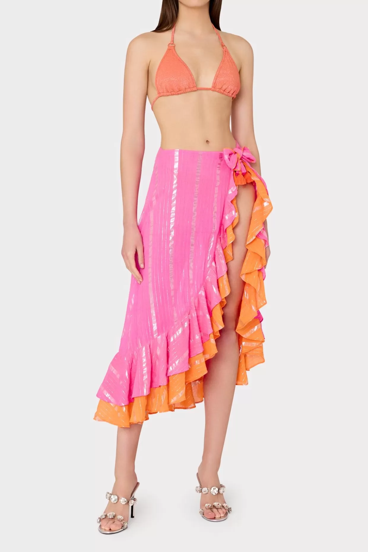 Jumpsuits & Rompers-MILLY Lurex Stripe Ruffle Wrap Skirt Neon Pink/Orange