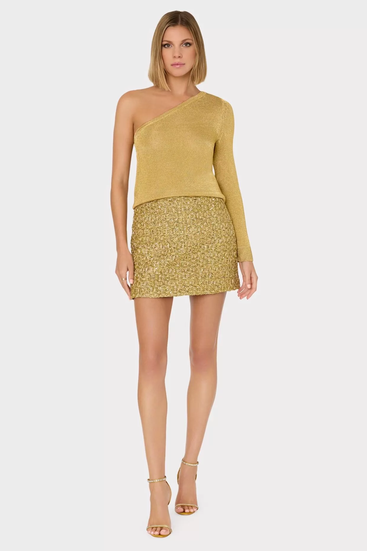 Tops-MILLY Metallic Knit One Shoulder Top Gold