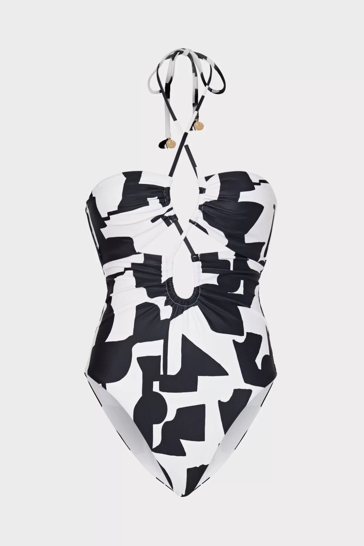 One Piece Swimsuits-MILLY Modern Geo Print Looped Cutout One-Piece Black/Ecru