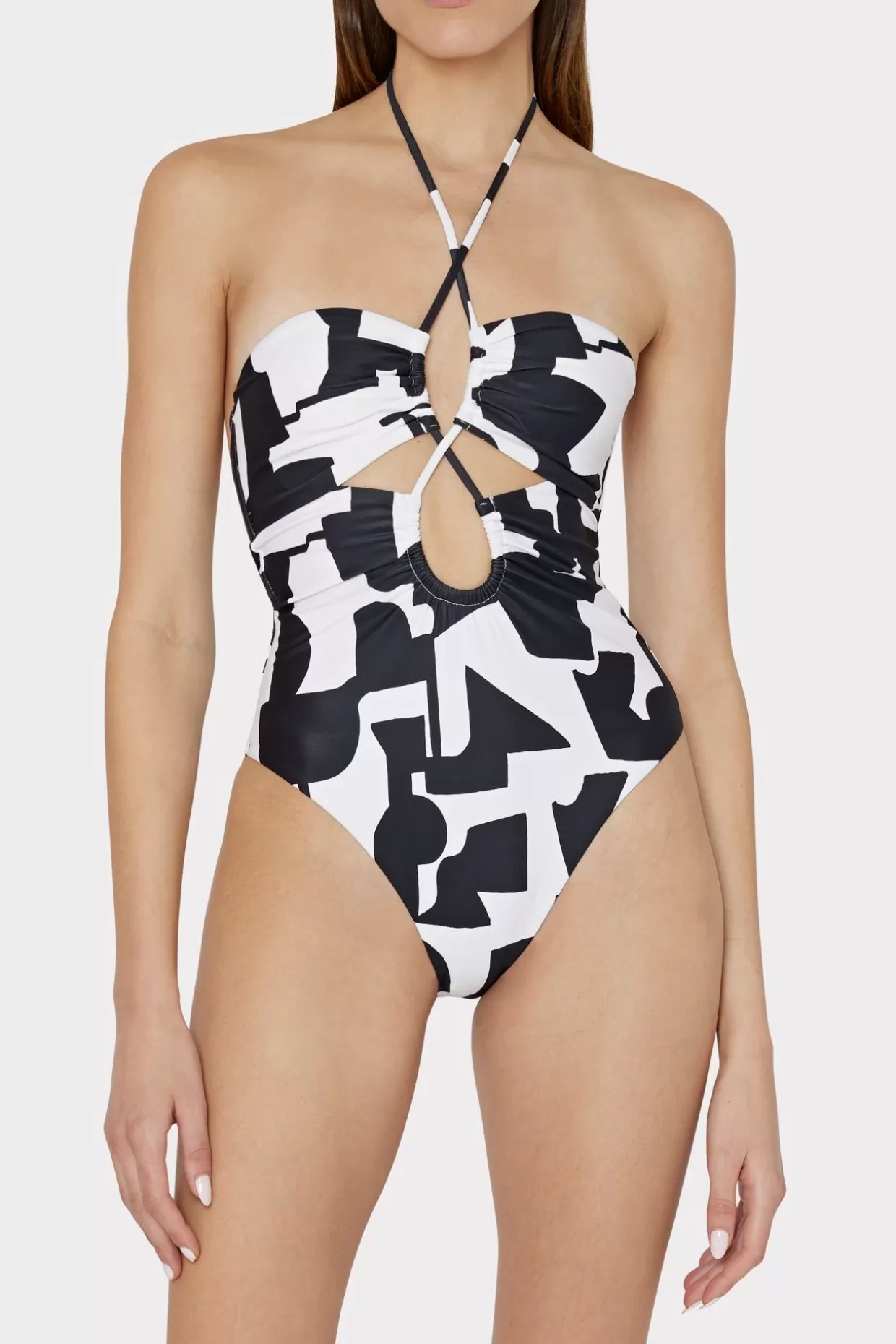 One Piece Swimsuits-MILLY Modern Geo Print Looped Cutout One-Piece Black/Ecru