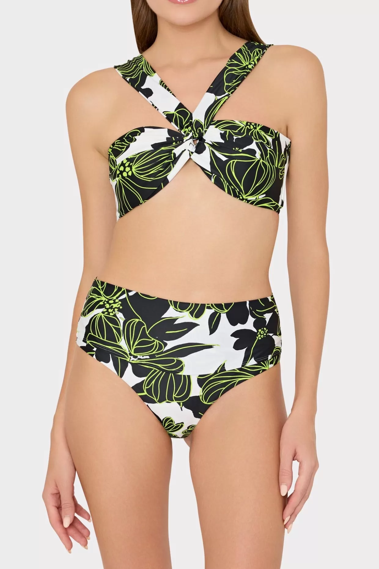 Jumpsuits & Rompers-MILLY Olivia Sea Of Petals Draped Bandeau Top Chartreuse/Black