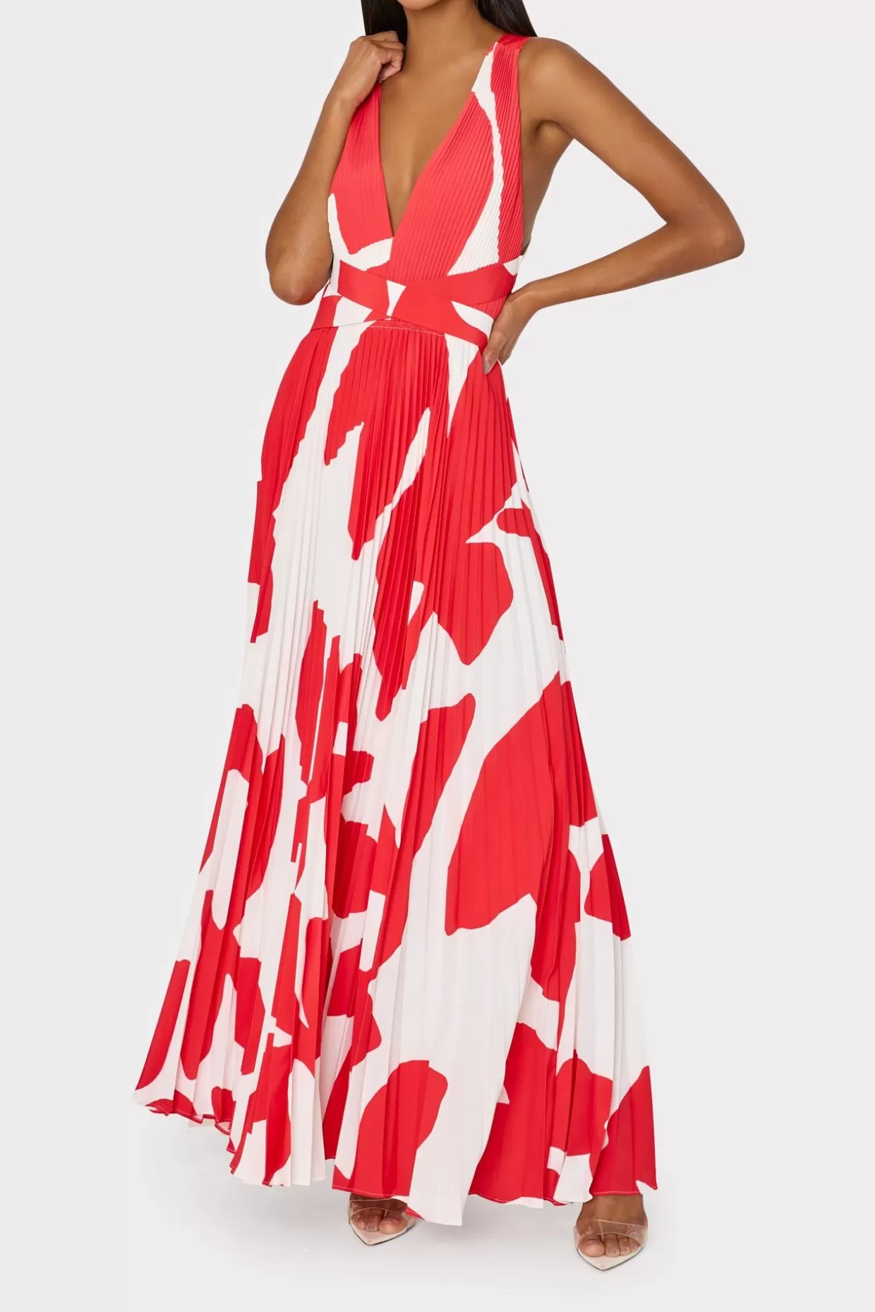 Maxi Dresses-MILLY Oria Grand Foliage Pleated Dress Red/White