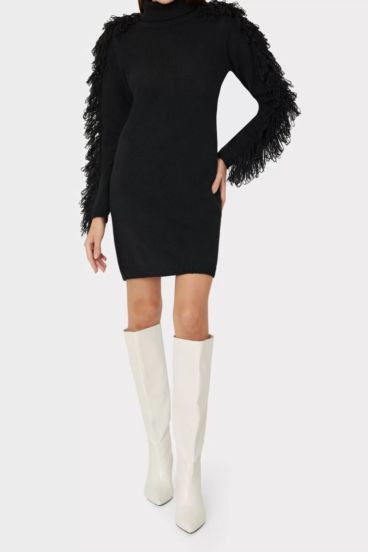 Jumpsuits & Rompers-MILLY Rowe Fringe Sleeve Turtleneck Mini Dress Black