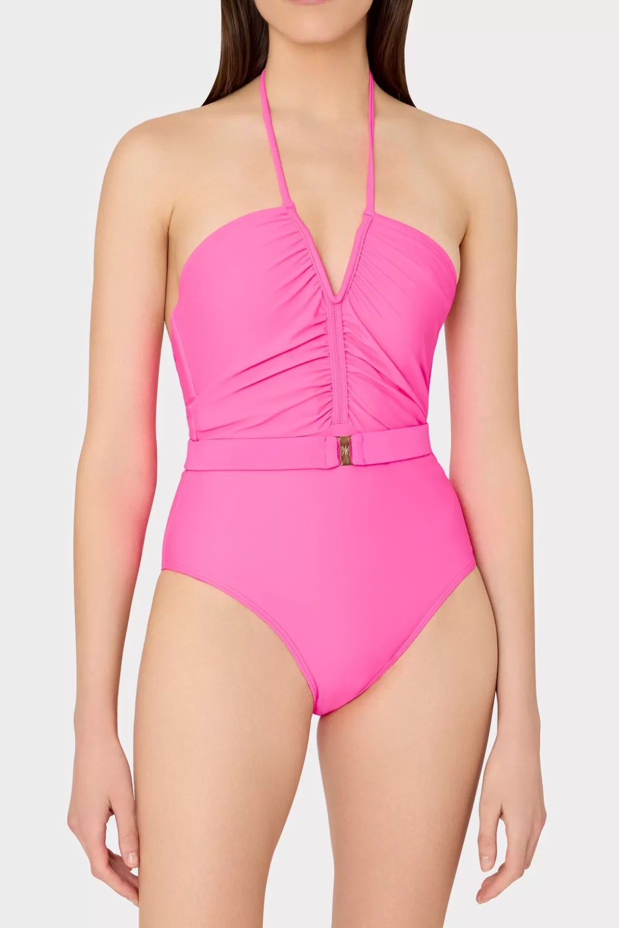 Jumpsuits & Rompers-MILLY Ruched Halter One Piece Neon Pink