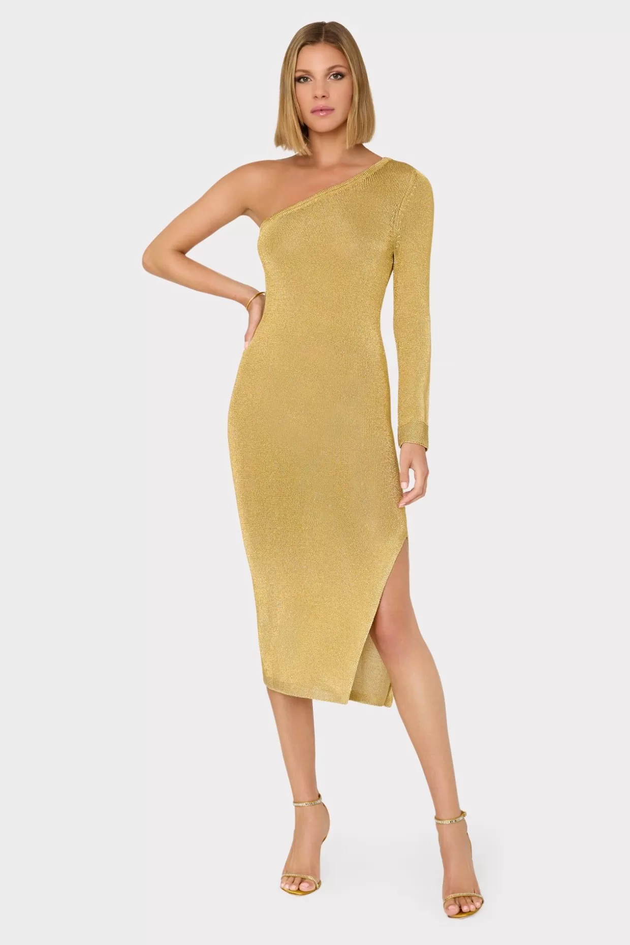 Knit Dresses-MILLY Senna Metallic One Shoulder Midi Dress Gold