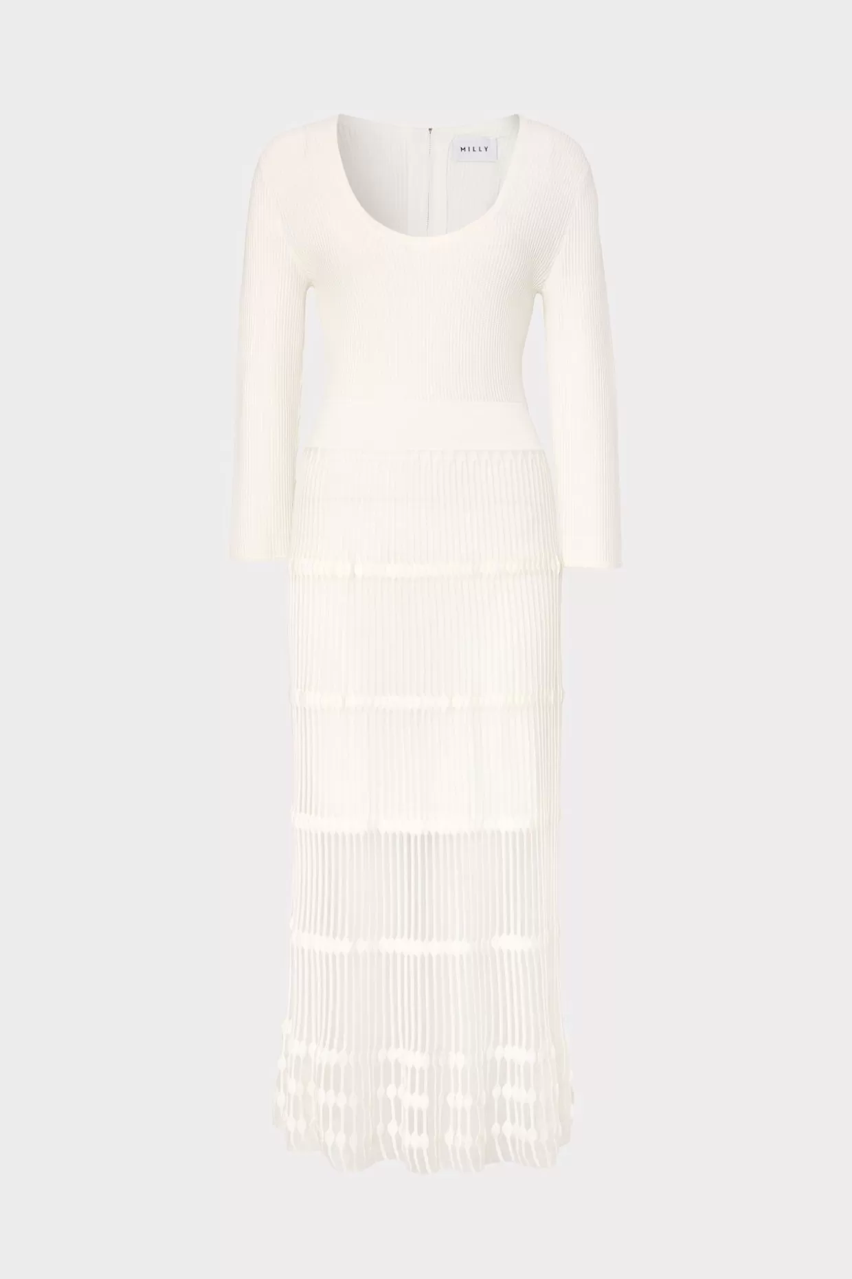 White Dresses-MILLY Sheer Knit Fit And Flare Dress Ecru