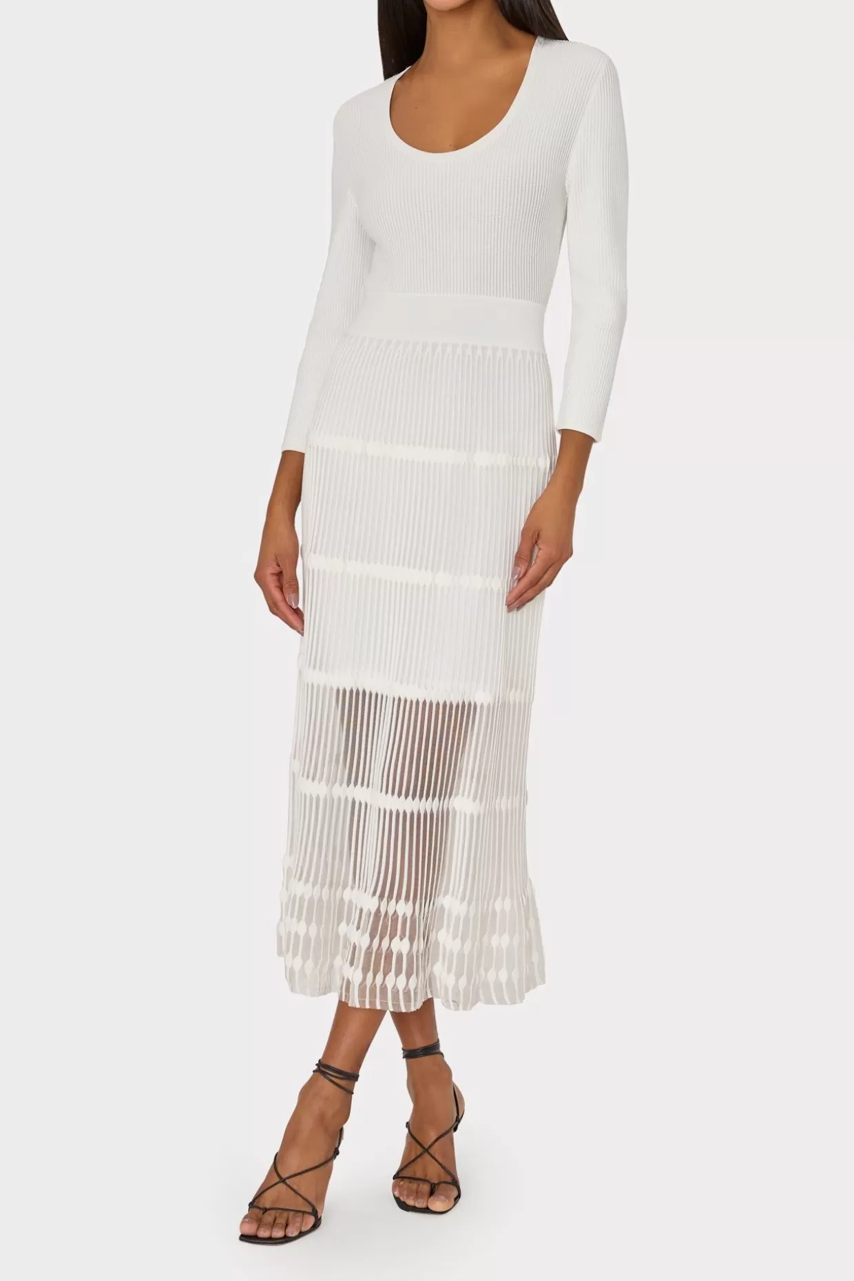 White Dresses-MILLY Sheer Knit Fit And Flare Dress Ecru