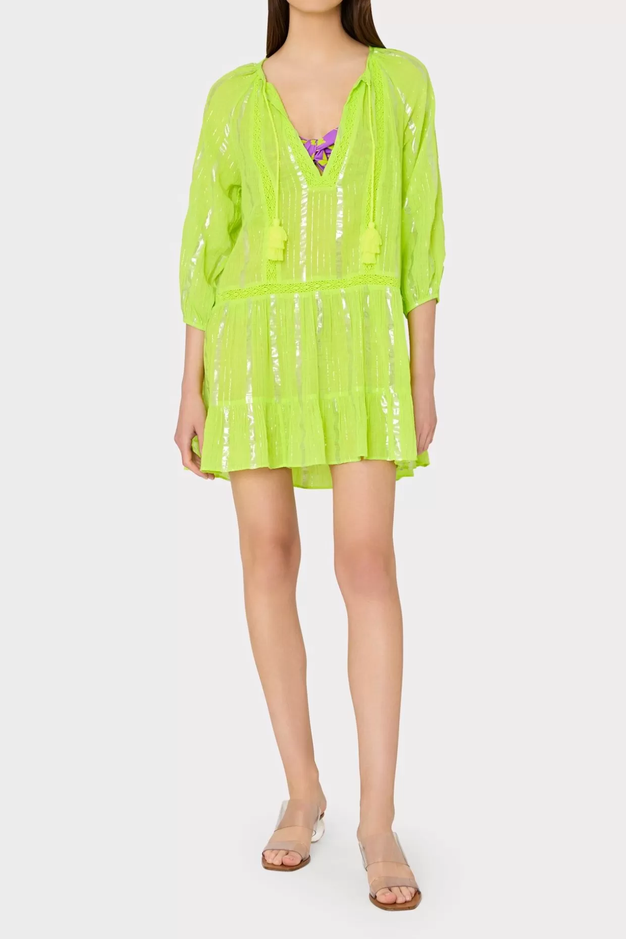 Jumpsuits & Rompers-MILLY Valentine Lurex Stripe Coverup Dress Neon Yellow