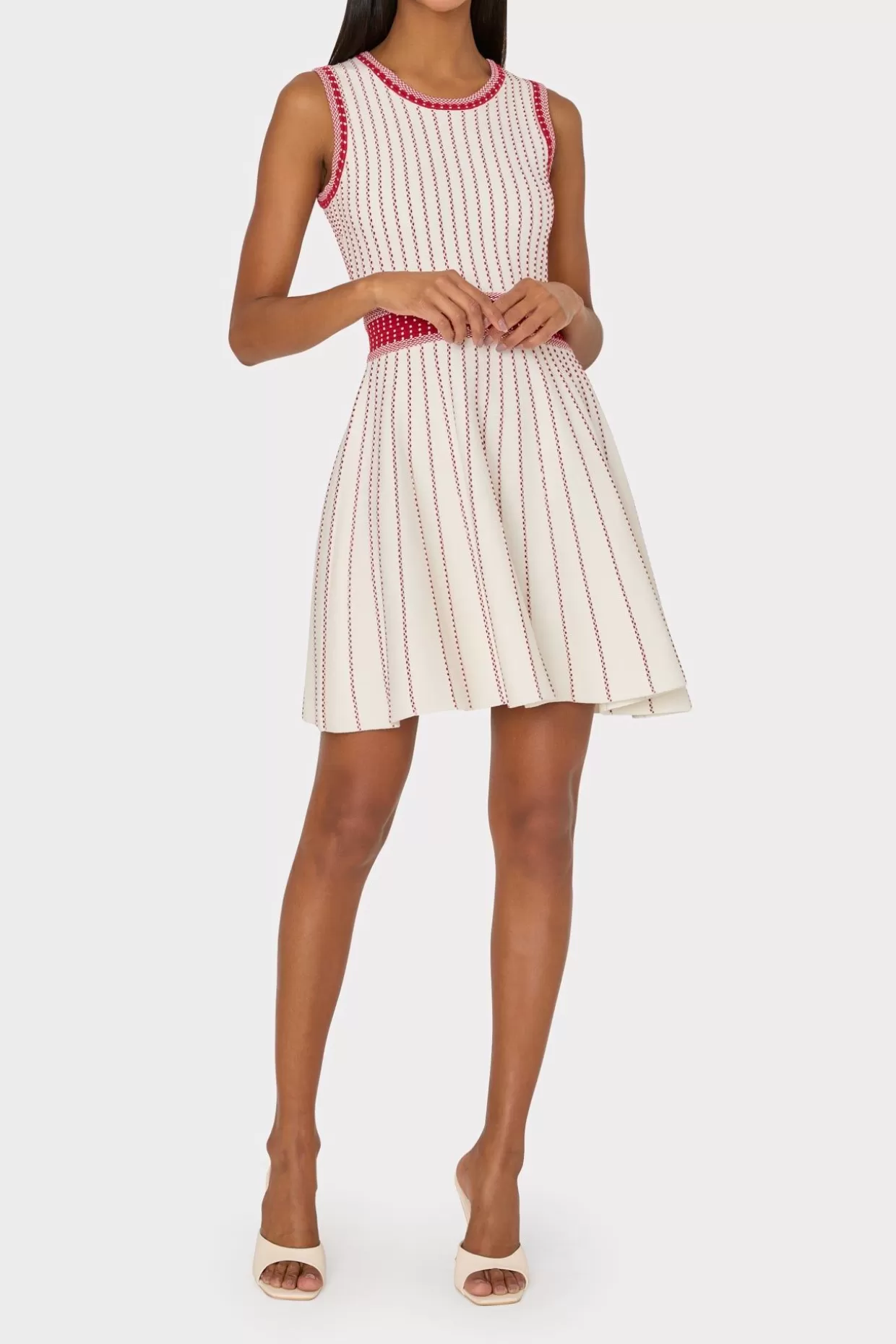 Cocktail Dresses-MILLY Vertical Texture Fit And Flare Dress Ecru/Red