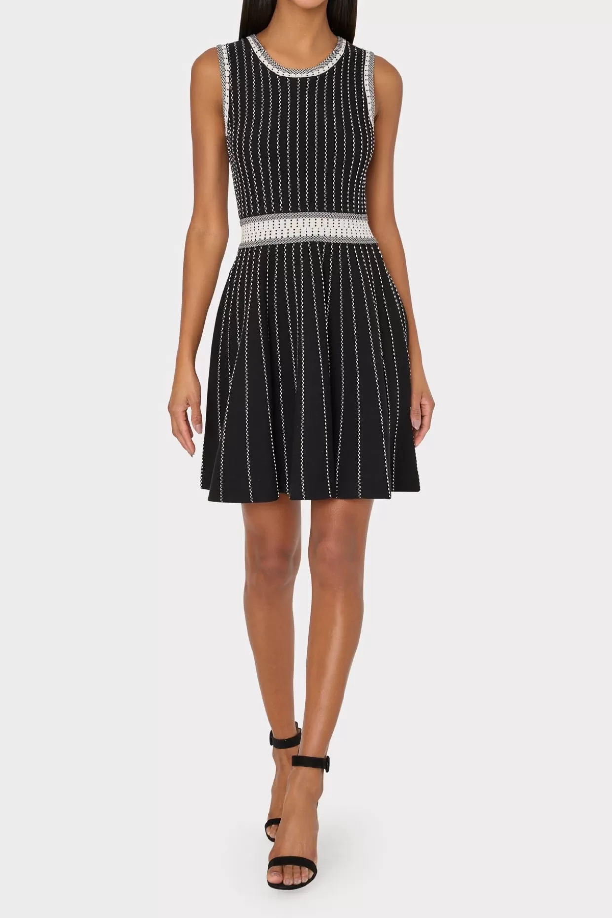 Cocktail Dresses-MILLY Vertical Texture Fit And Flare Dress Black/Ecru